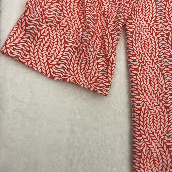 Escapada Womens Red White Leaf Print Split Neck Band Collar Top Blouse 3/4Sleeve - Picture 9 of 9